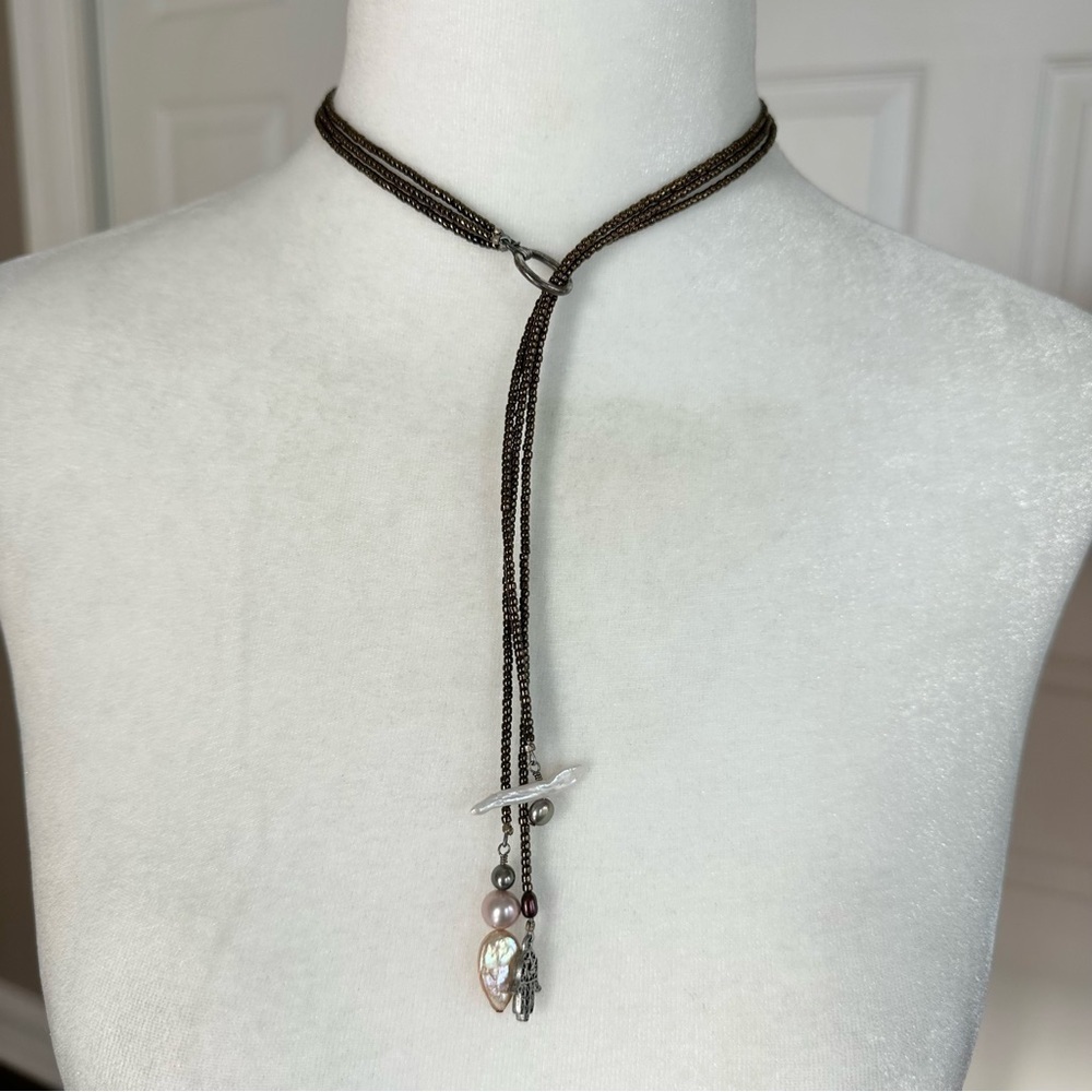 Handmade Beaded Pearl and Pewter Chamsa 3 Tier Y Necklace - Picture 2 of 5
